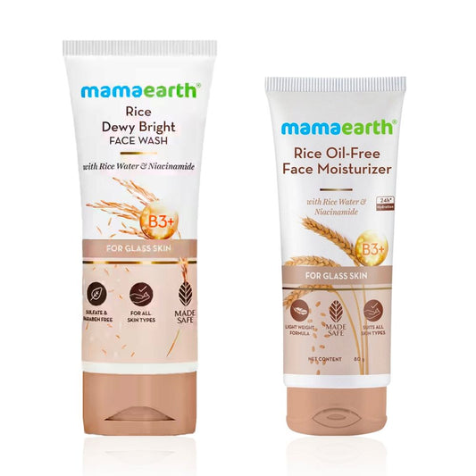 Mamaearth Rice Glass Skin Care Combo (Mamaearth Rice Face Wash 100 ml + Mamaearth Rice Oil-Free Face Moisturizer 50 gm)- Combo of 3