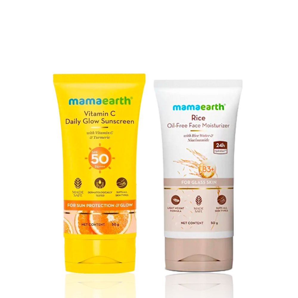 Mamaearth Rice Oil-Free Face Moisturizer , for Oily Skin, With Rice Water & Niacinamide for Glass Skin + Vitamin C Daily Glow Sunscreen with SPF 50 & PA+++ for Sun Tan Protection & Glow Skincare kit, Combo of 2