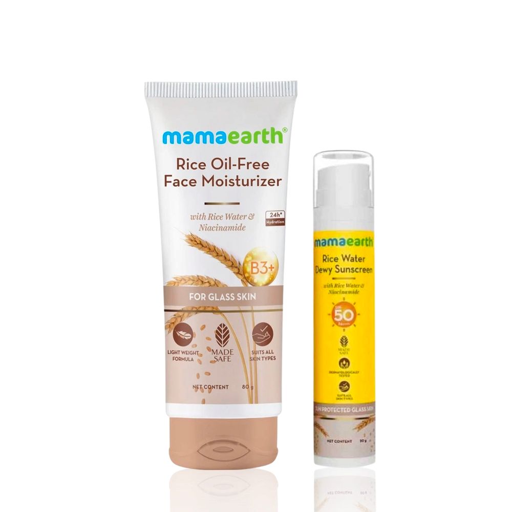 Mamaearth Rice Oil-Free Face Moisturizer With Rice Water & Niacinamide for Glass Skin + Rice Water Dewy Sunscreen with Rice Water & Niacinamide Skincare kit, Combo of 2
