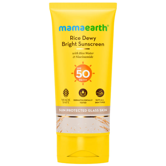 Mamaearth Rice Water Dewy Sunscreen with Rice Water & Niacinamide 80 gm | Gives SPF50 & PA++++ Protection | For Glass Skin Glow | Evens Skin Tone | Tan,UVA & UVB Protection | No White Cast | All Skin Types