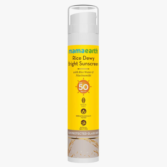 Mamaearth Rice Dewy Bright Sunscreen with Rice Water & Niacinamide| Gives SPF50 & PA++++ Protection | For Glass Skin Glow | Evens Skin Tone | Tan,UVA & UVB Protection | No White Cast | All Skin Types - 50 gm