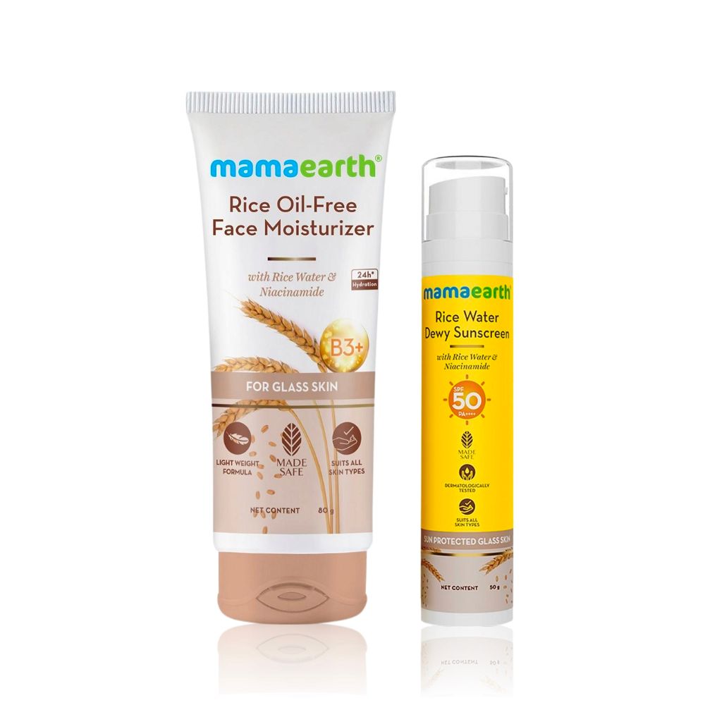 Mamaearth Rice Water Duo 2: Rice Oil-Free Face Moisturizer (80 gm) + Rice Water Dewy Sunscreen (50 gm)