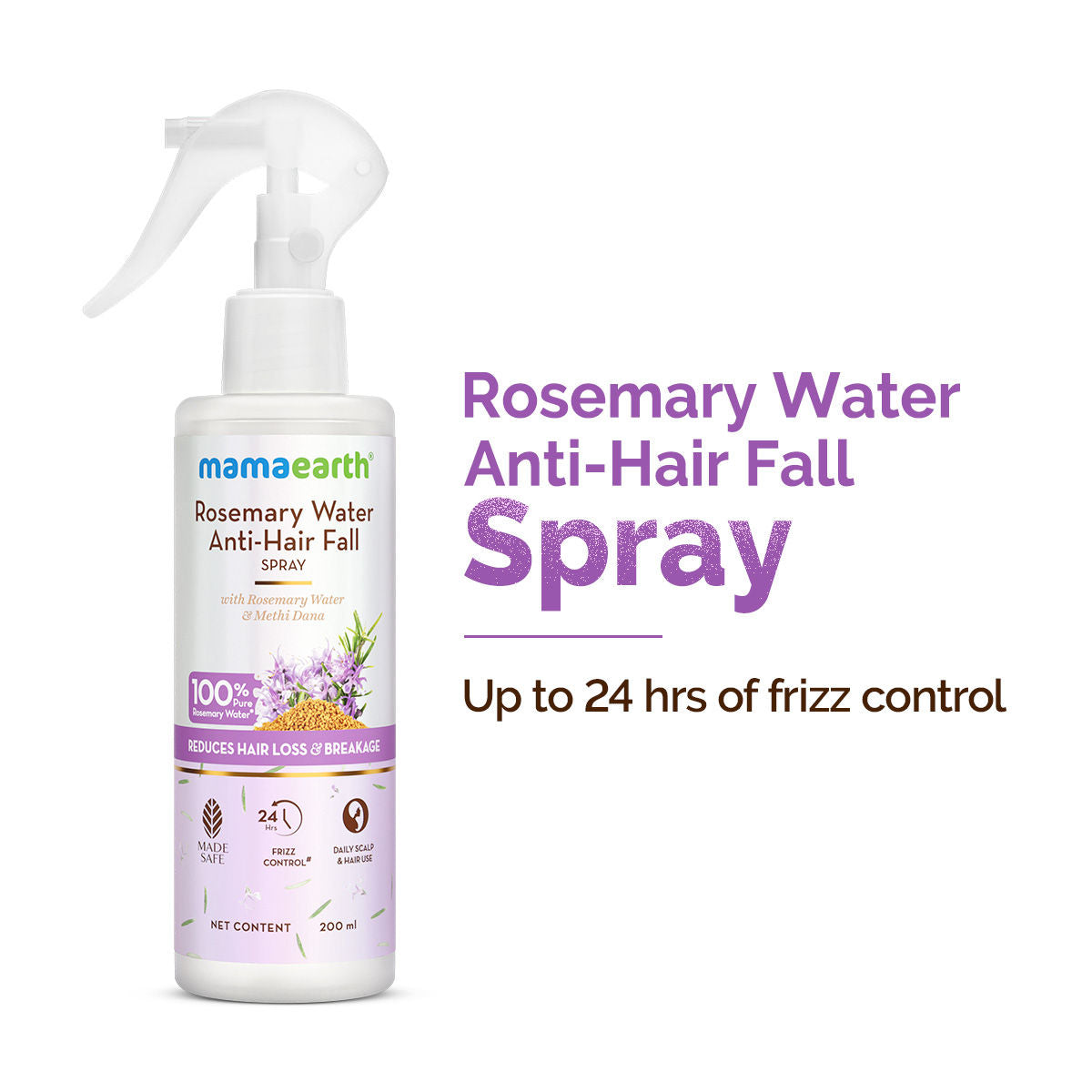 Mamaearth Rosemary Anti-Hairfall Spray| Hair Growth, Stronger, Denser Hair| 24Hr Frizz Control | Folligen ANALupe, Fision Aquashield | Shiny, Smooth Hair 200 ml
