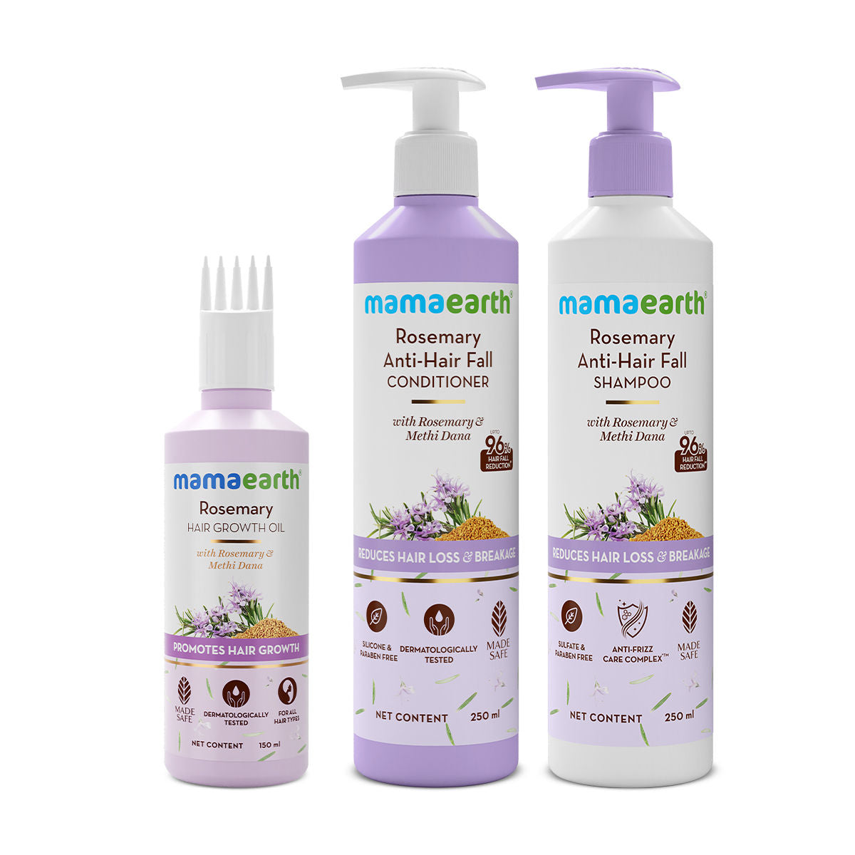 Mamaearth Rosemary Hair Fall Control Kit: Rosemary Shampoo (250ml)+ Rosemary Conditioner (250ml)+Rosemary Hair Oil (150ml) | Gives up to 94% Stronger Hair | Up to 93% Less Hair Fall | Made Safe Certified | For Men & Women - Combo of 3