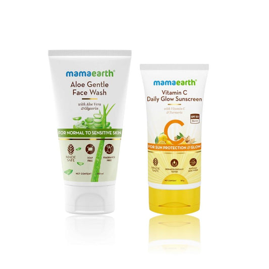 Mamaearth Sensitive Skin Care Duo: Aloe Gentle Face Wash (150 ml) + Vitamin C Sunscreen (50 gm)
