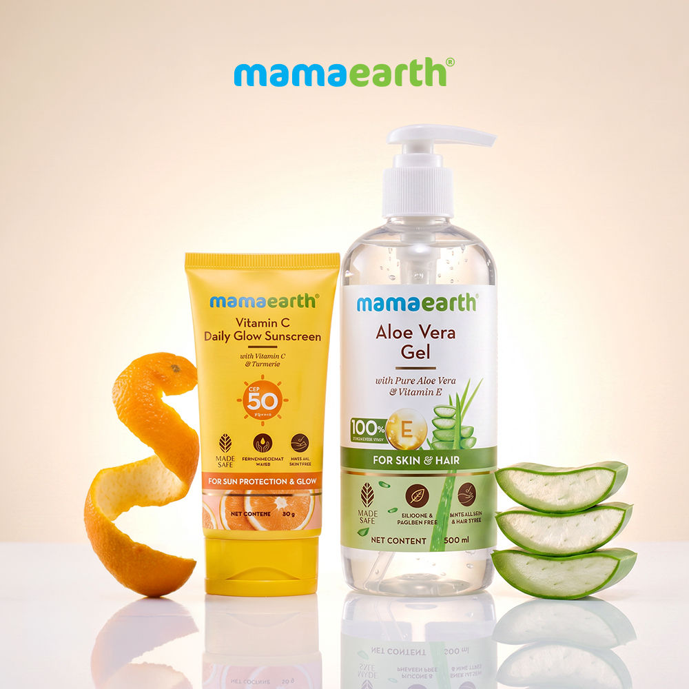 Mamaearth Sun Protection Combo | Vitamin C Sunscreen SPF 50 (50 gm) + Aloe Vera Gel (300 ml) (Combo of 2)