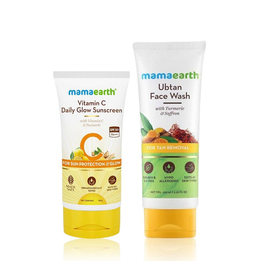 Mamaearth Ubtan Cleanse & Sun-Protect Glow Combo 2: Ubtan Face Wash with Turmeric (100 ml) + Vitamin C Daily Glow Sunscreen (50 gm)