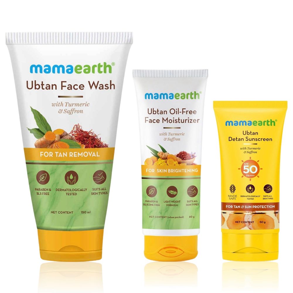 Mamaearth Ubtan Glow Trio - Ubtan Face Wash (150 ml) + Ubtan Oil-Free Moisturizer (80 ml) + Ubtan Detan Sunscreen (50 gm) Combo of 3