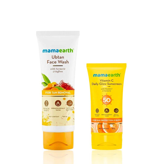 Mamaearth Ubtan Natural Face Wash For All skin type For Tan Removal And Skin Brightening + Vitamin C Daily Glow Sunscreen with SPF 50 & PA+++ for Sun Tan Protection & Glow Skincare kit, Combo of 2