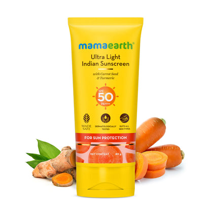 Mamaearth Ultra Light Indian Sunscreen with Carrot Seed Turmeric and SPF 50 PA+++ for Suntan Protection - 80 gm| In-Vivo Tested