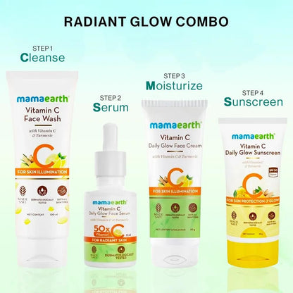 Mamaearth Vitamin C CSMS Combo : Vitamin C Face Wash (100 ml) + Vitamin C Daily Glow Face Serum (8 ml) + Vitamin C Daily Glow Face Cream (80 gm) + Vitamin C Sunscreen (50 gm)