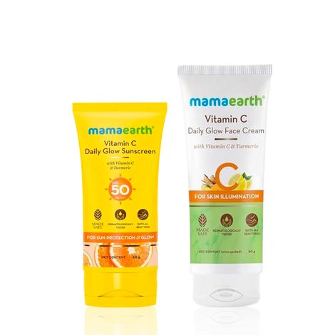 Mamaearth Vitamin C Daily Glow Face Cream With Vitamin C & Turmeric for Skin Illumination + Vitamin C Daily Glow Sunscreen with SPF 50 & PA+++ for Sun Tan Protection & Glow,Skincare kit Combo of 2