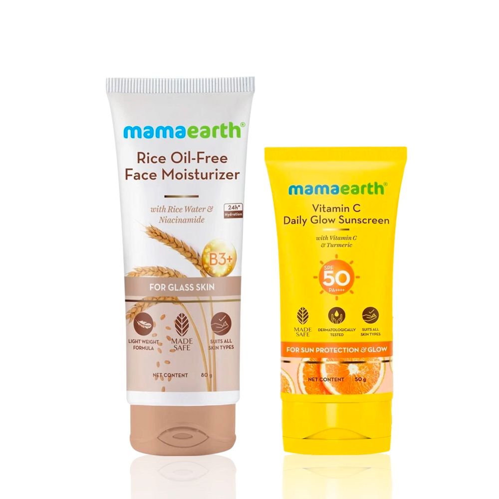 Mamaearth Vitamin C Daily Glow Sunscreen with SPF 50 & PA+++ for Sun Tan Protection & Glow + Rice Oil-Free Face Moisturizer With Rice Water & Niacinamide for Glass Skin Skincare kit, Combo of 2