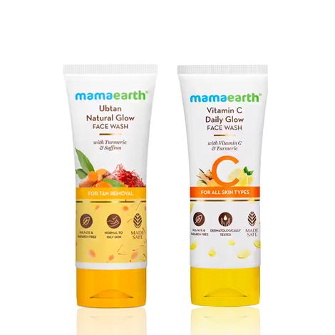 Mamaearth Vitamin C Face Wash With Vitamin C And Turmeric For All Skin Types + Ubtan Natural Face Wash For All skin type With Turmeric & Saffron For Tan Removal And Skin Brightening Skincare kit, Combo of 2