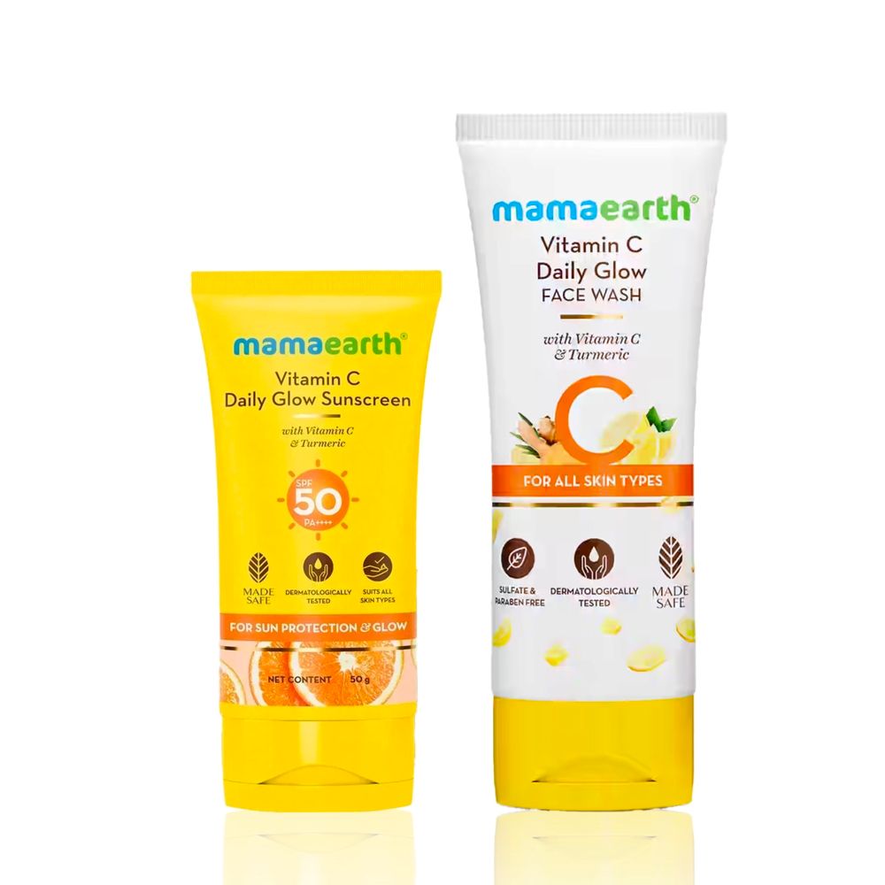 Mamaearth Vitamin C Face Wash With Vitamin C And Turmeric For All Skin Types + Vitamin C Daily Glow Sunscreen with SPF 50 & PA+++ for Sun Tan Protection & Glow Skincare kit, Combo of 2