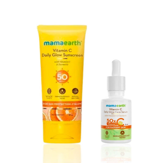 Mamaearth Vitamin C Glow & Protect Duo: Daily Glow Sunscreen SPF 50 & PA+++ (50 gm) + Daily Glow Face Serum with Vitamin C & Turmeric (8 ml) - Combo of 2