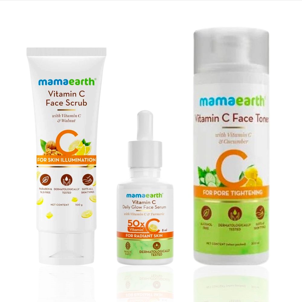 Mamaearth Vitamin C Glow Combo: Face Scrub with Vitamin C & Walnut (100 gm) + Face Toner with Vitamin C & Cucumber (200 ml) + Daily Glow Face Serum with Vitamin C & Turmeric (8 ml) - Combo of 3