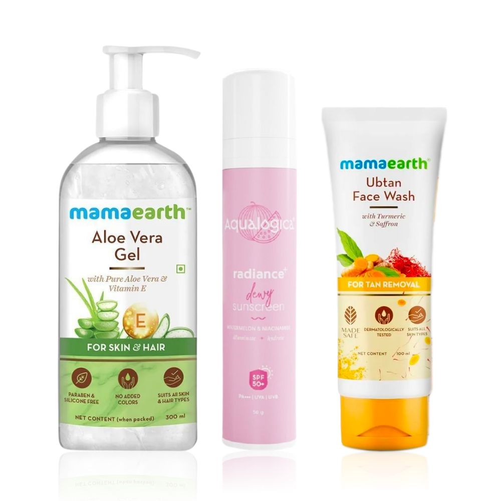 Mamaearth x Aqualogica glowing skin kit ( Mamaearth ubtan face wash (100 ml) + Mamaearth aloe vera gel (300 ml)+ Aqualogica watermelon niacinamide sunscreen (50 gm))