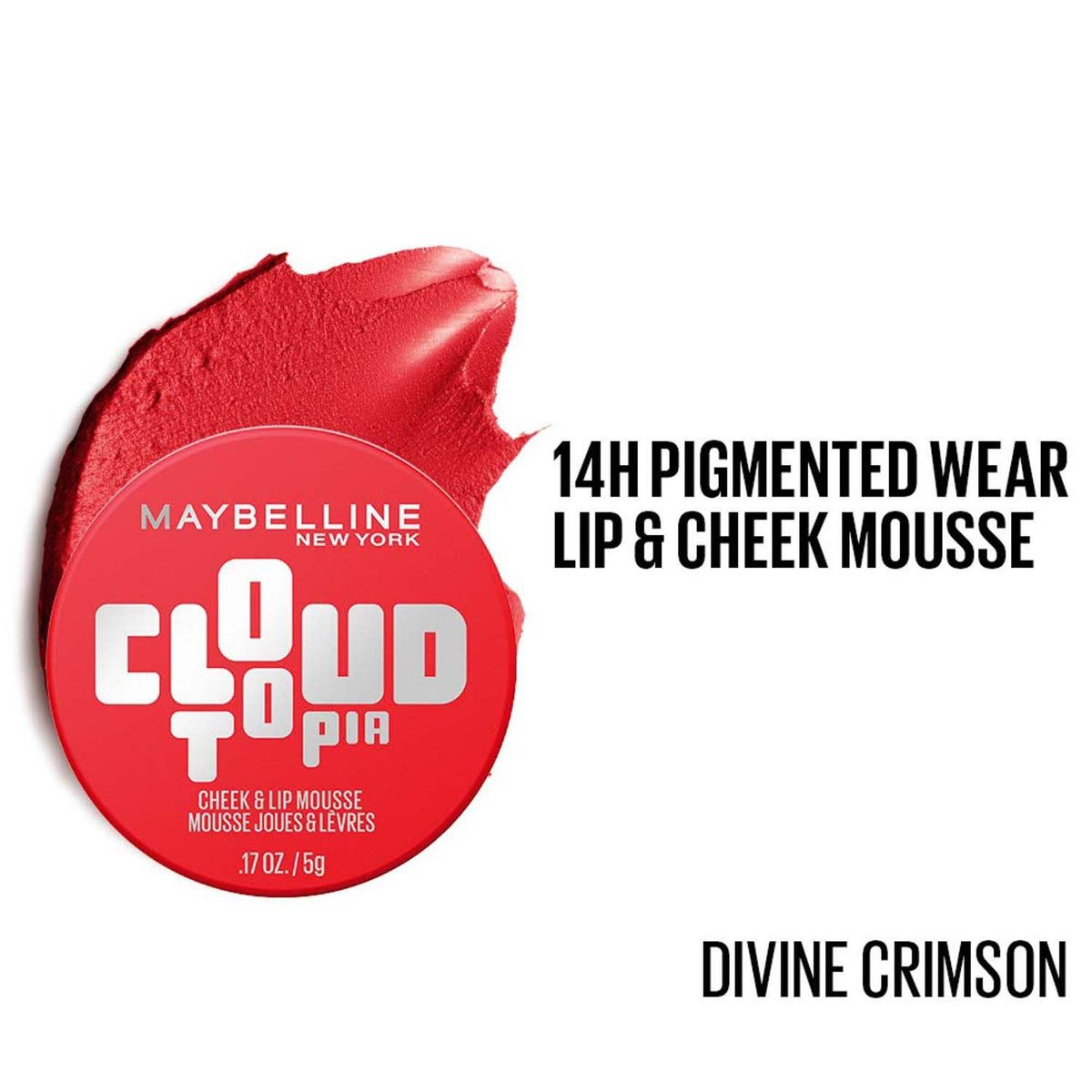 Maybelline Cloudtopia Cheek & Lip Mousse Blush – Lightweight, Pigmented Mousse in Divine Crimson, 5 gm - Maybelline