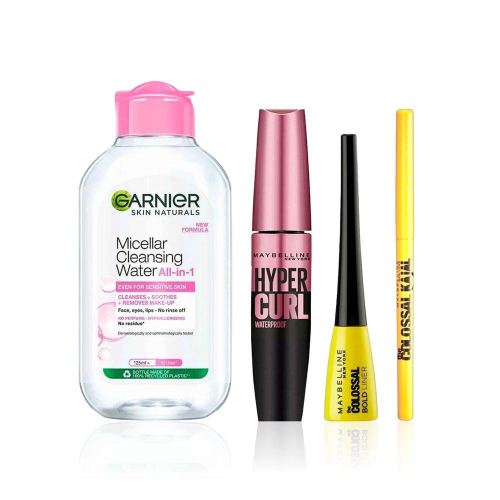 Maybelline Dazzle Kit + Essentials (Pack of 4) : Hypercurl Mascara Black (9.2 ml) + Garnier Micellar Cleansing Water Trial Pack (50 ml) + Colossal Kajal Deep Black ( - Maybelline