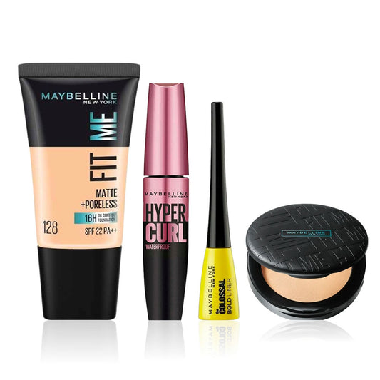 Maybelline Festive Glow Essentials (Pack of 4) : Hypercurl Mascara Black (9.2 ml) + Colossal Bold Pencil Eyeliner Black (3 ml) + Fit Me Matte+Poreless Foundation 128 - Maybelline