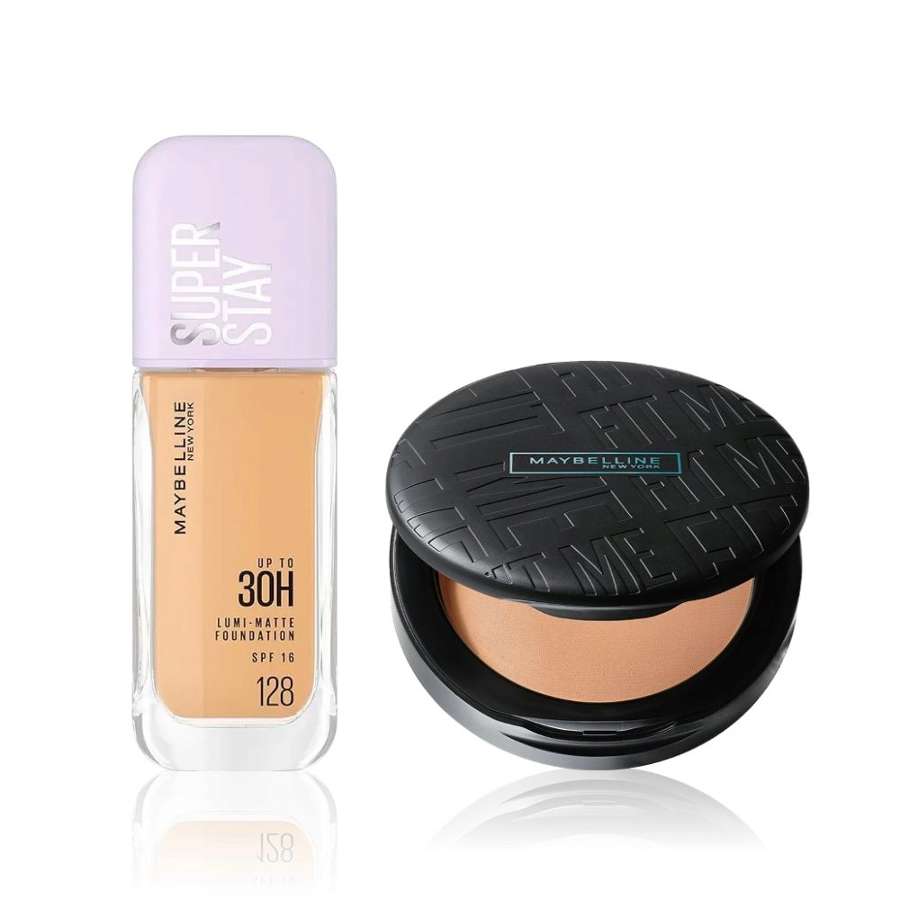 Maybelline Flawless Base Kit 2 (Super Stay Lumi-Matte Liquid Foundation 30H Longwear yet Light-As-Air 128 35ml + Fit Me Matte + Poreless Compact Powder 310 Sun Beige - Maybelline