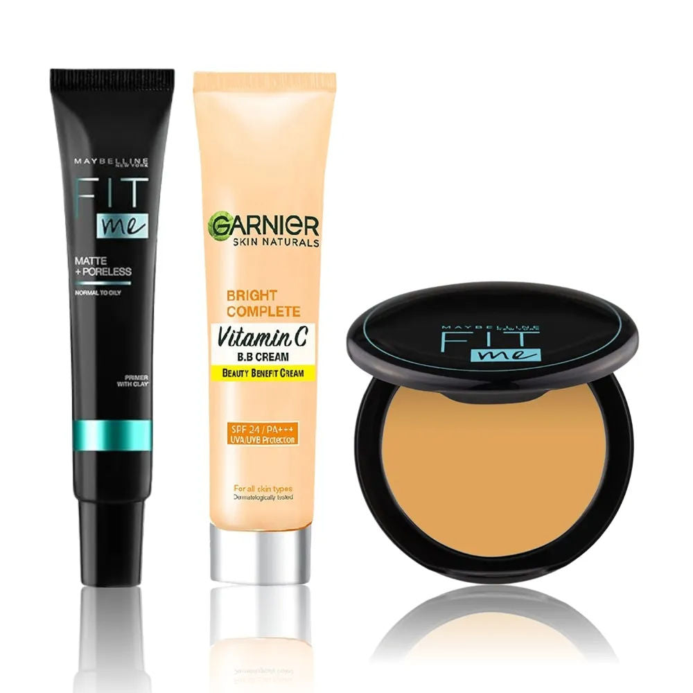 Maybelline x Garnier Ultimate Base Makeup Kit 2 (Maybelline Fit me Primer (30 ml) + Garnier Skin Naturals BB Cream (30 gm) + Maybelline Fit Me Compact 230, Natural B - Maybelline