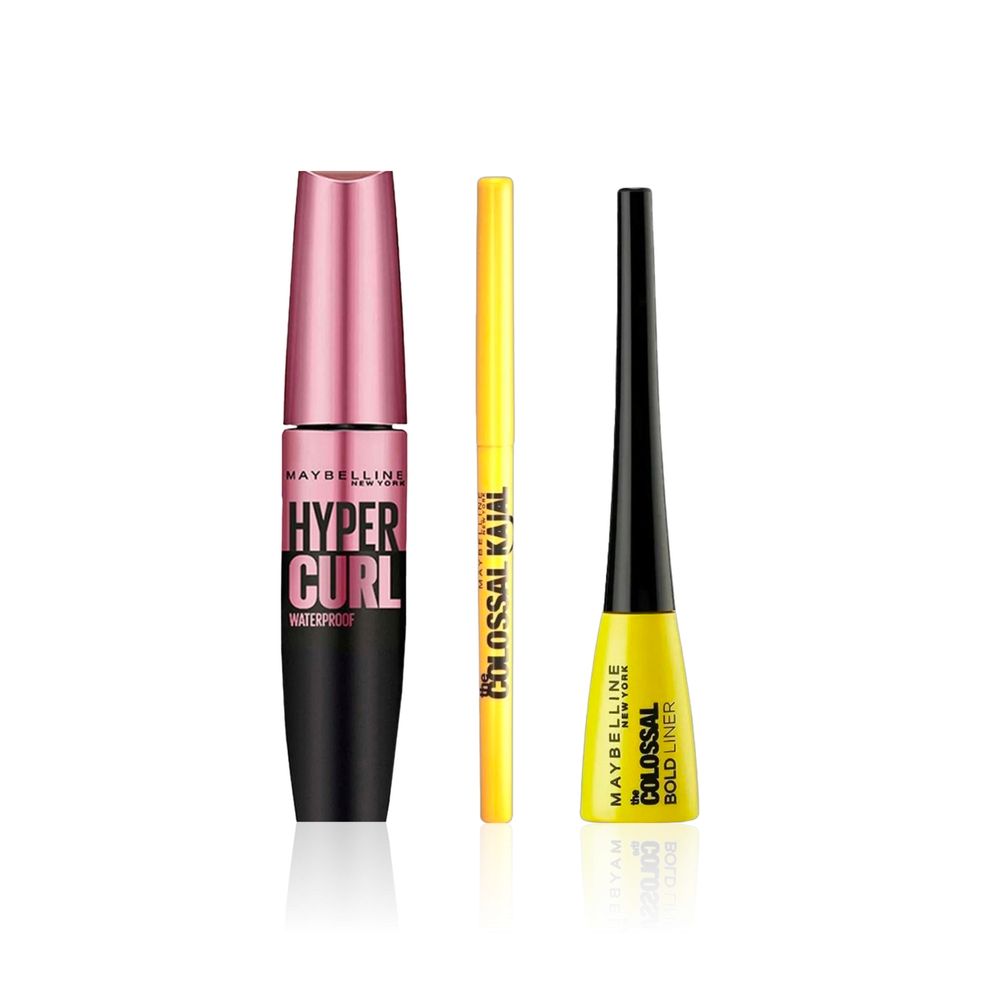Maybelline MesmerEyes Trio : Colossal Bold Pencil Eyeliner Black (3 ml) + Colossal Kajal Deep Black (0.35 gm) + Hypercurl Mascara Black (9.2 ml) - Maybelline
