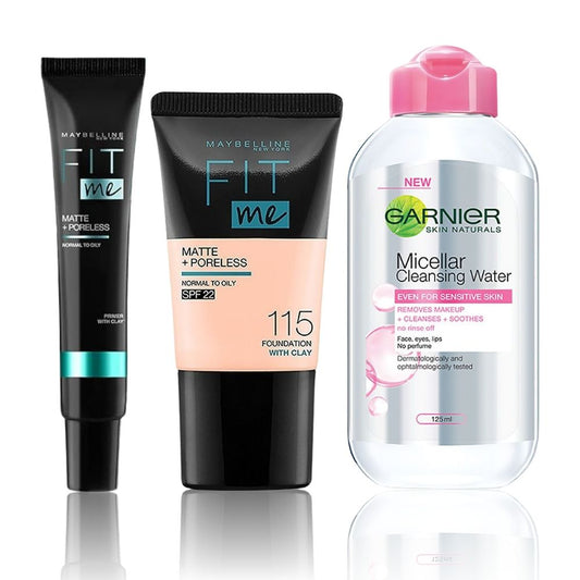 Maybelline x Garnier Makeup essentials 2 (Maybelline Fit me Primer (30ml) + Maybelline Fit Me Liquid Foundation Tube - Ivory 115 (18 ml) + Garnier Skin Naturals Mice - Maybelline