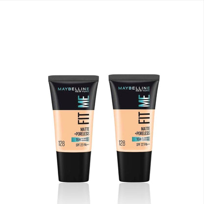 Maybelline Fit Me Matte+Poreless Liquid Foundation Tube 128 Warm Nude 18 ml (Pack of 2) - Maybelline