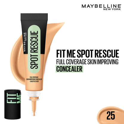 Maybelline Fit Me Spot Rescue Full Coverage Concealer, 24H Wear, Fades Spots, Minimizes Pimples, Clinically Tested, Non Comedogenic - 25, 15 gm - Maybelline
