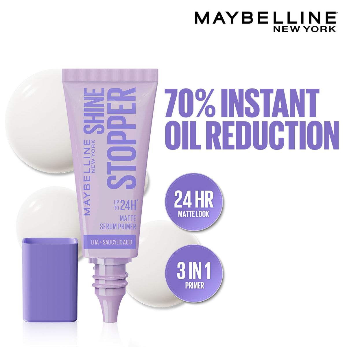 Maybelline Shine Stopper Primer – 3-in-1 Serum Primer for Oily Skin to Prime, Mattify, Hydrate with LHA & Salicylic Acid, 10 ml - Maybelline