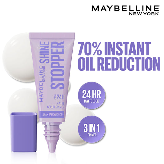 Maybelline Shine Stopper Primer – 3-in-1 Serum Primer for Oily Skin to Prime, Mattify, Hydrate with LHA & Salicylic Acid, 10 ml - Maybelline