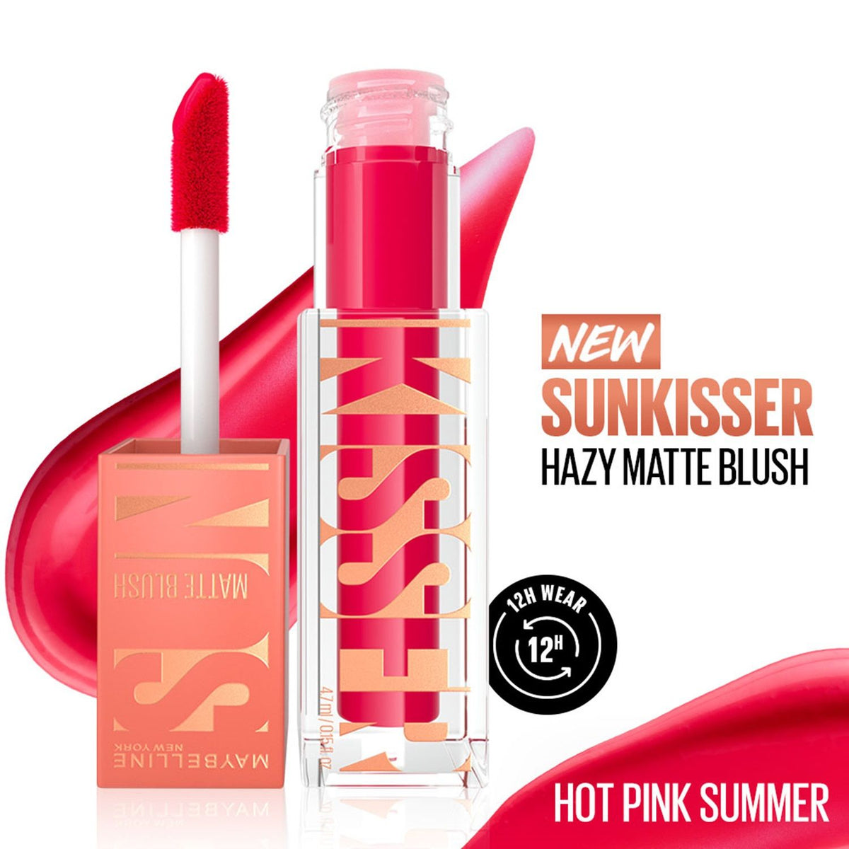 Maybelline Sunkisser Hazy Matte Blush, Sunkissed Cheeks for 12HR, Transfer & Sweat-proof, Melt-to-Skin Formula, Non-comedogenic, Hot Pink Summer - 4.7 gm - Maybelline