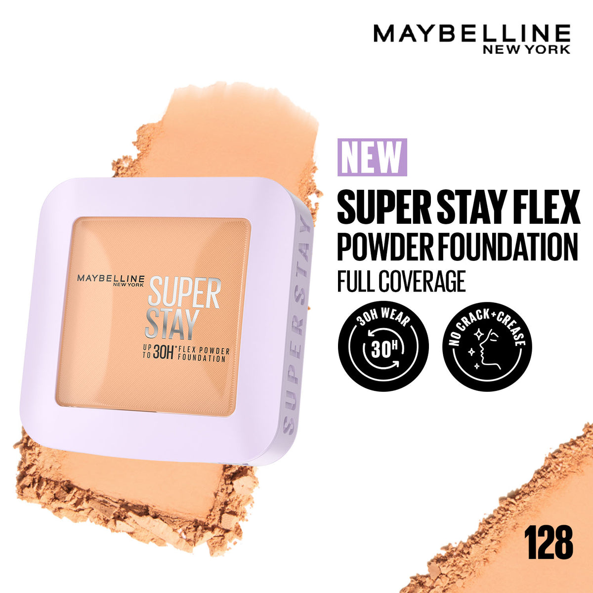 Maybelline Super Stay Flex Powder Foundation Compact, 128, Full Coverage, 30H Full Coverage, Perfect for Oily Skin, Waterproof & Sweatproof - 9 gm - Maybelline