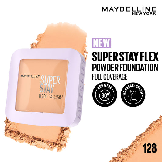 Maybelline Super Stay Flex Powder Foundation Compact, 128, Full Coverage, 30H Full Coverage, Perfect for Oily Skin, Waterproof & Sweatproof - 9 gm - Maybelline