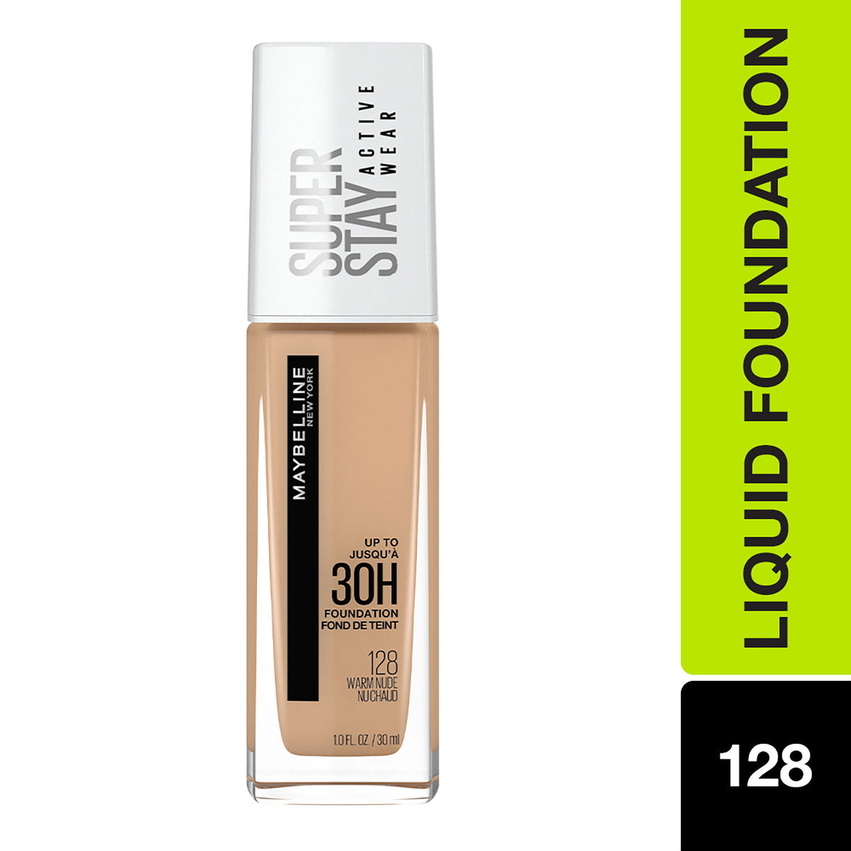 Maybelline Super Stay Full Coverage Active Wear Liquid Foundation, Matte Finish with 30 HR Wear, Transfer Proof, 128, Warm Nude, 30 ml - Maybelline