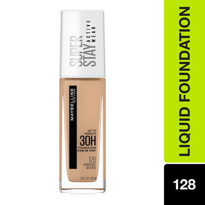 Maybelline Super Stay Full Coverage Active Wear Liquid Foundation, Matte Finish with 30 HR Wear, Transfer Proof, 128, Warm Nude, 30 ml - Maybelline