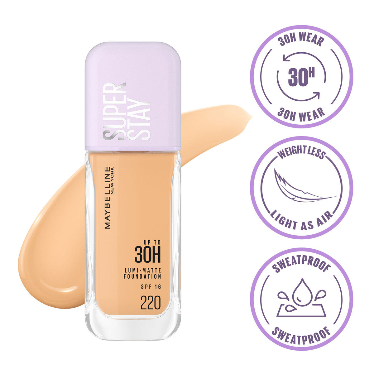 Maybelline Super Stay Lumi-Matte Liquid Foundation 30H Longwear yet Light-As-Air, 220, 35 ml - Maybelline