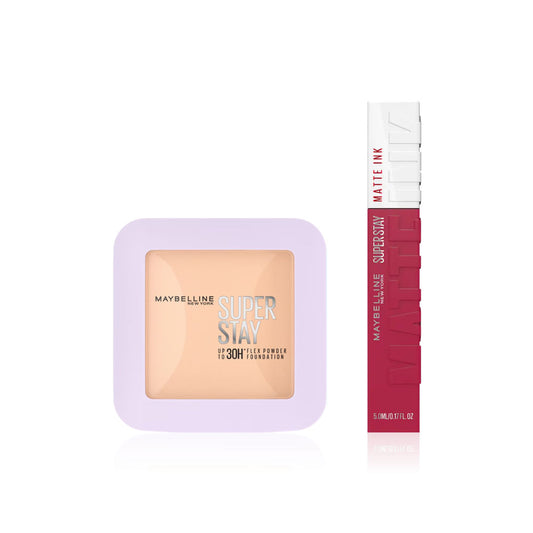 Maybelline SuperStay Power Duo – Foundation Compact 128 Full Coverage 30H Full Coverage ( 9 gm) – Matte Ink Lipstick( 5 ml), Combo of 2 - Maybelline