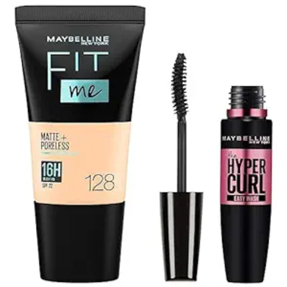 Maybelline The Colossal Volume Express Waterproof Mascara - Black (10 gm) + Maybelline Fit Me Matte+Poreless Liquid Foundation Tube 128 Warm Nude 18ml - Maybelline
