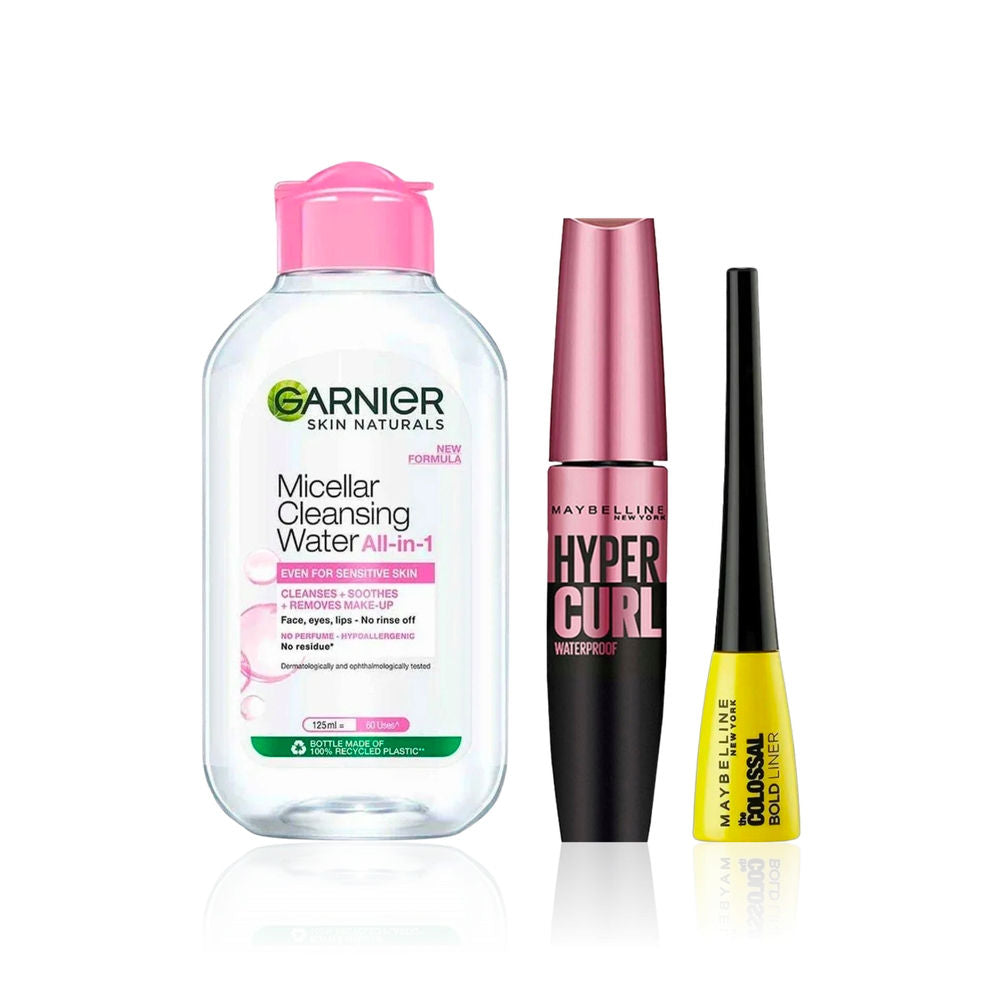 Maybelline Party-Ready Kit (Pack of 3) : Hypercurl Mascara Black (9.2 ml) + Garnier Micellar Cleansing Water Trial Pack (50 ml) + Colossal Bold Pencil Eyeliner Black - Maybelline