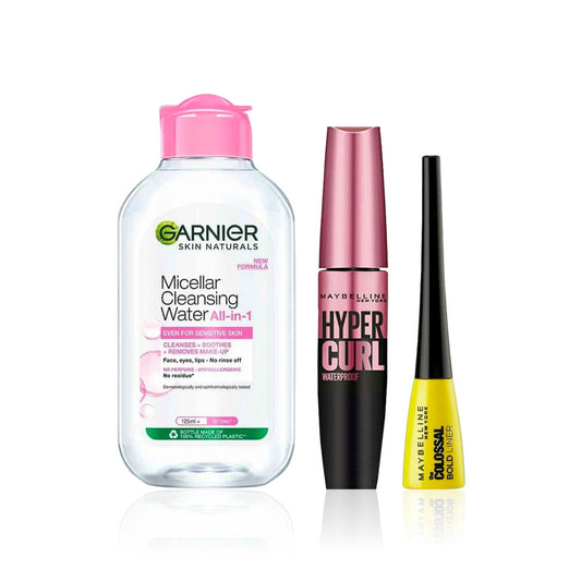 Maybelline Party-Ready Kit (Pack of 3) : Hypercurl Mascara Black (9.2 ml) + Garnier Micellar Cleansing Water Trial Pack (50 ml) + Colossal Bold Pencil Eyeliner Black - Maybelline