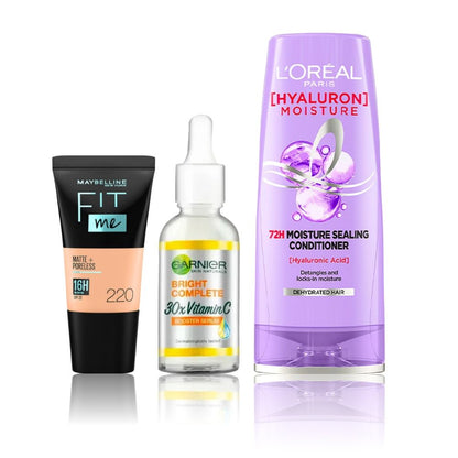 Maybelline x Garnier x L'Oreal Paris All-Day-Perfect Combo (Maybelline Fit Me foundation, 220 Natural Beige (18 ml), Garnier Bright Complete Vitamin C Face Serum (15 - Maybelline