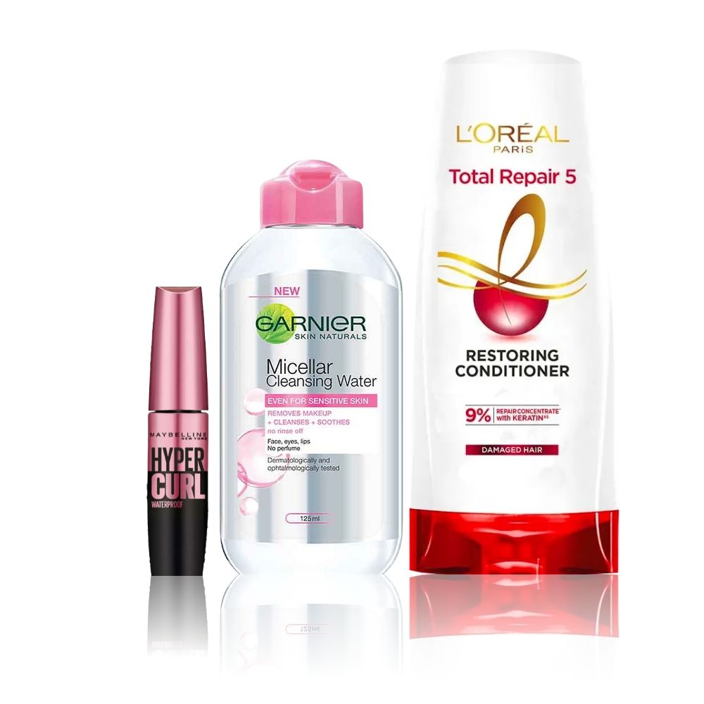 Maybelline x Garnier x L'Oreal Paris bestseller combo (Maybelline hypercurl mascara, black (9.2 gm), Garnier Micellar water (125 ml), L'Oreal Paris Total Repair 5 Co - Maybelline