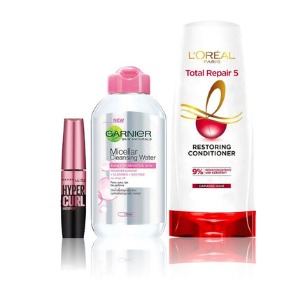 Maybelline x Garnier x L'Oreal Paris bestseller combo (Maybelline hypercurl mascara, black (9.2 gm), Garnier Micellar water (125 ml), L'Oreal Paris Total Repair 5 Co - Maybelline