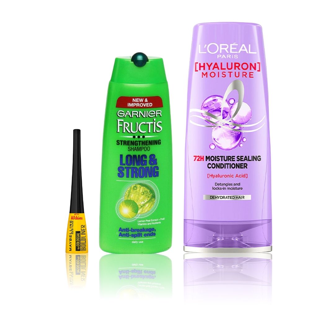 Maybelline x Garnier x L'Oreal Paris Bold Eyes and Strong Hair Combo (Maybelline eyeliner, black (3 gm), Garnier fructis shampoo (175 ml), L'Oreal Paris Hyaluron moi - Maybelline