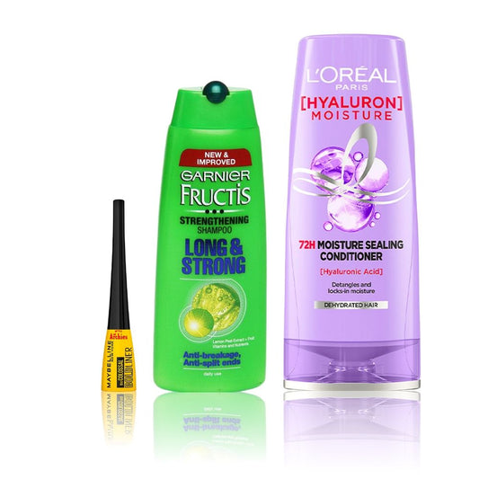 Maybelline x Garnier x L'Oreal Paris Bold Eyes and Strong Hair Combo (Maybelline eyeliner, black (3 gm), Garnier fructis shampoo (175 ml), L'Oreal Paris Hyaluron moi - Maybelline