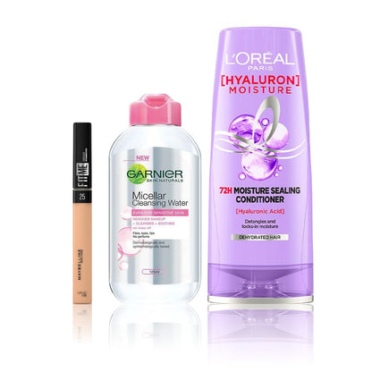 Maybelline x Garnier x L'Oreal Paris Flawless Skin and Hair Combo (Maybelline Fit Me Concealer - Medium 25 (6.8ml), Garnier Micellar water (125 ml), L'Oreal Paris Hy - Maybelline