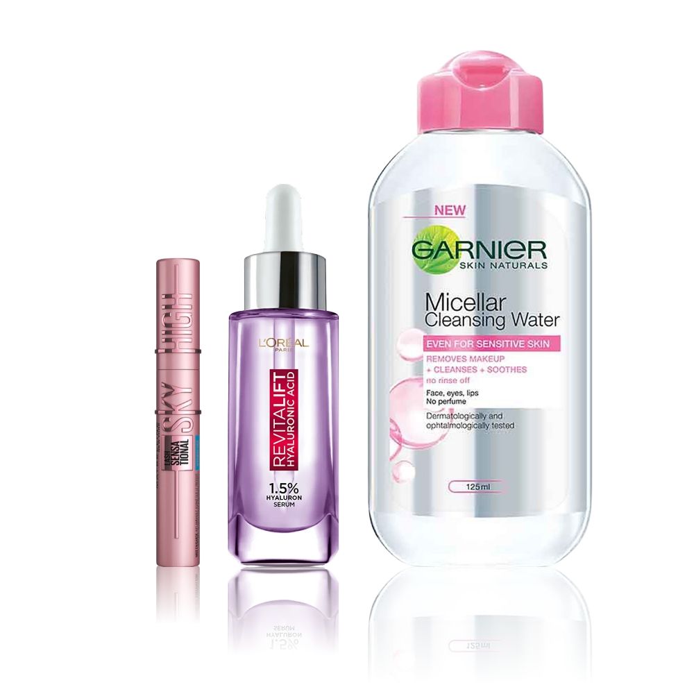 Maybelline x Garnier x L'Oreal Paris Gen Z picks 2 (Maybelline Sky High Mascara - Very Black (6 ml), Garnier Micellar Water (125 ml), L'Oreal Paris Revitalift 1.5% H - Maybelline
